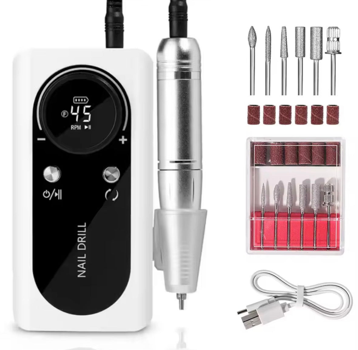Portable, Electric Nail Drill- White/Black 45,000rpm High-Power